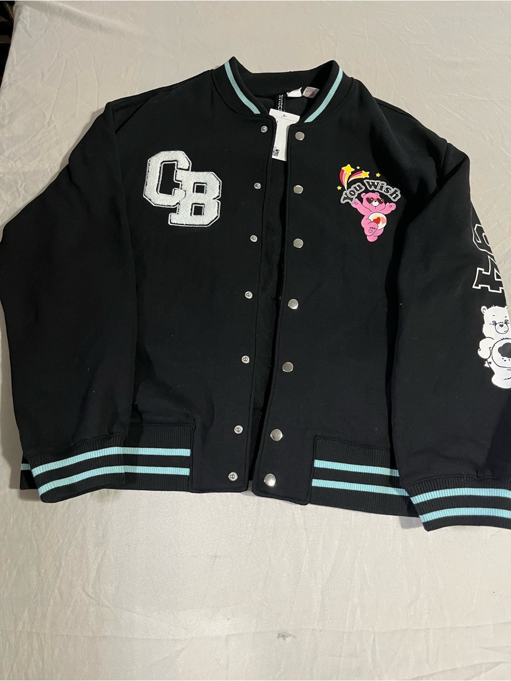 H&M Carebears Black Varsity Bomber Jacket Womens Size Small NWT
